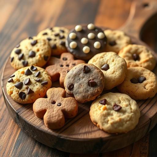 Een afbeelding van diverse soorten koekjes op een houten plank, symboliserend het cookiebeleid.