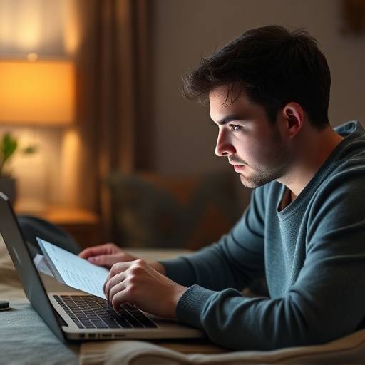 Een persoon die achter een laptop zit en een vragenlijst bestudeert.