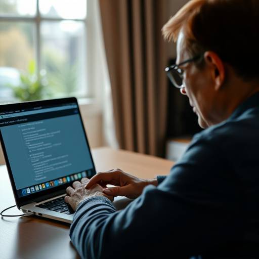 Een persoon die een schermlezer gebruikt op een laptop, symboliserend toegankelijkheidstechnologie.