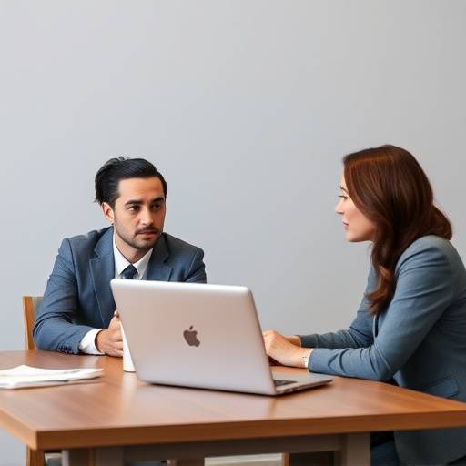 Twee personen die tegenover elkaar zitten tijdens een sollicitatiegesprek met een laptop op tafel.